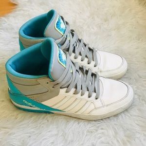 Adidas High Tops in white and turquoise